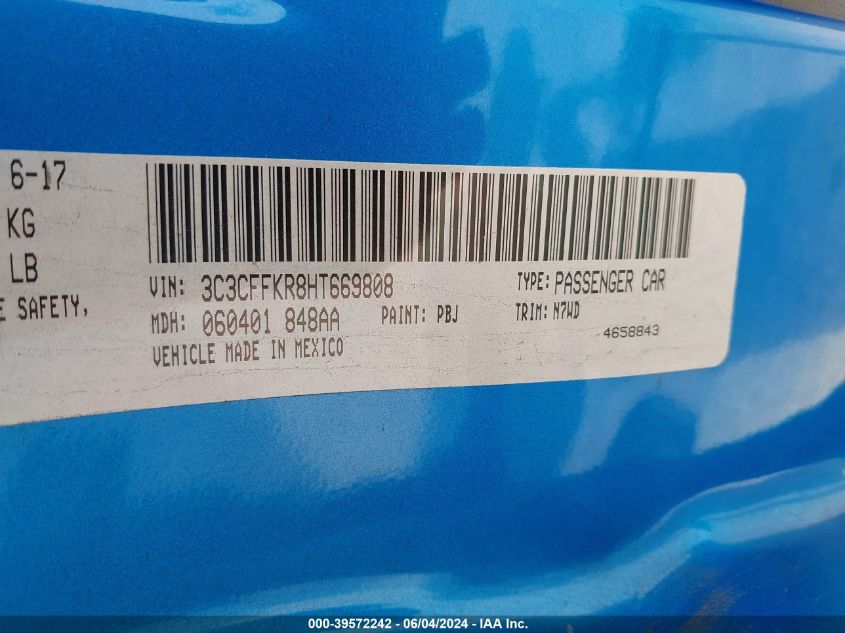 2017 Fiat 500 Pop VIN: 3C3CFFKR8HT669808 Lot: 39572242