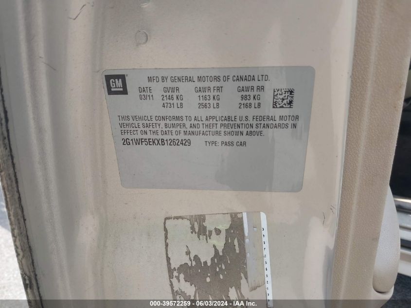 2011 Chevrolet Impala Ls VIN: 2G1WF5EKXB1262429 Lot: 39572259