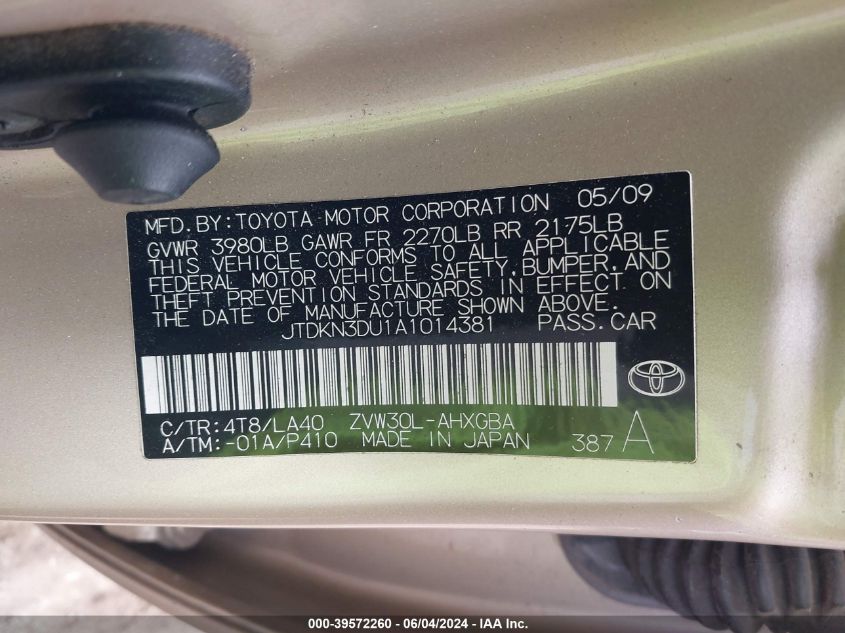2010 Toyota Prius Iv VIN: JTDKN3DU1A1014381 Lot: 39572260