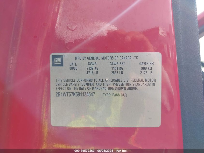 2009 Chevrolet Impala Lt VIN: 2G1WT57K591134647 Lot: 39572263