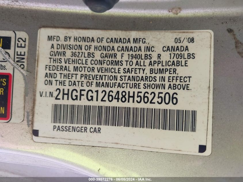 2008 Honda Civic Lx VIN: 2HGFG12648H562506 Lot: 39572276