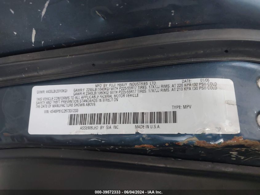 2006 Subaru Outback 2.5I VIN: 4S4BP61C267337233 Lot: 39572333