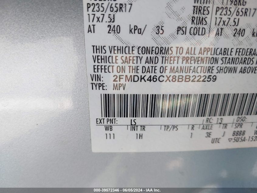 2008 Ford Edge Se VIN: 2FMDK46CX8BB22259 Lot: 39572346