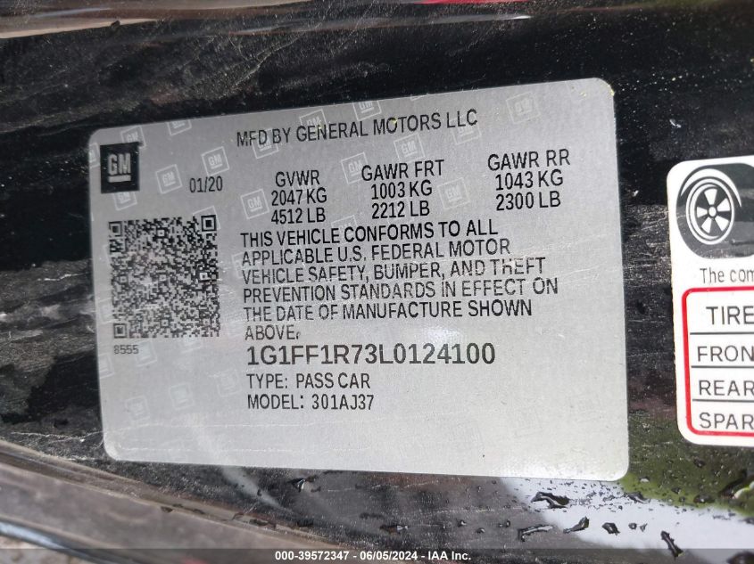 2020 Chevrolet Camaro Rwd 1Ss VIN: 1G1FF1R73L0124100 Lot: 39572347