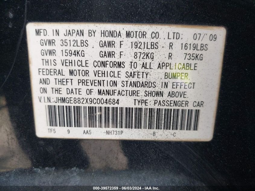 2009 Honda Fit VIN: JHMGE882X9C004684 Lot: 39572359