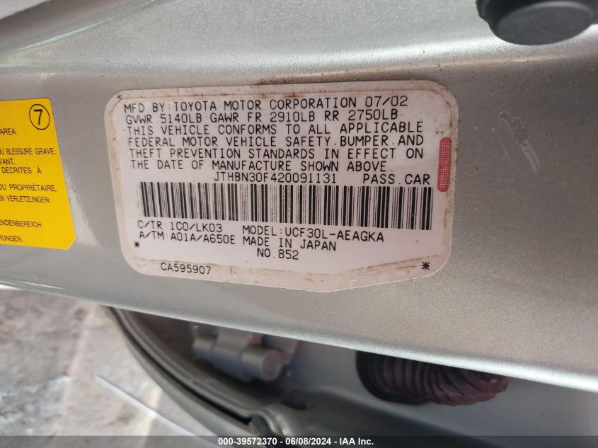 2002 Lexus Ls 430 VIN: JTHBN30F420091131 Lot: 39572370