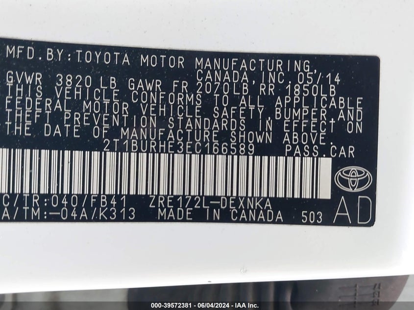 2014 Toyota Corolla Le VIN: 2T1BURHE3EC166589 Lot: 39572381