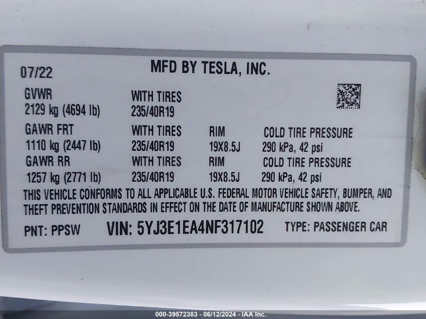 2022 TESLA MODEL 3 REAR-WHEEL DRIVE - 5YJ3E1EA4NF317102