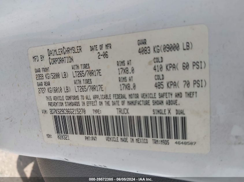 2006 Dodge Ram 2500 Slt VIN: 3D7KS29C96G215270 Lot: 39572385