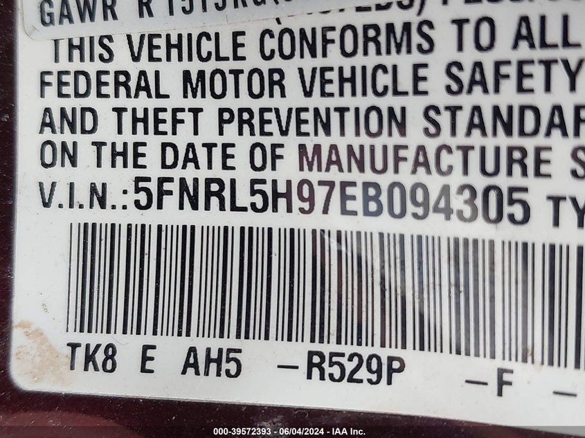 2014 Honda Odyssey Touring/Touring Elite VIN: 5FNRL5H97EB094305 Lot: 39572393