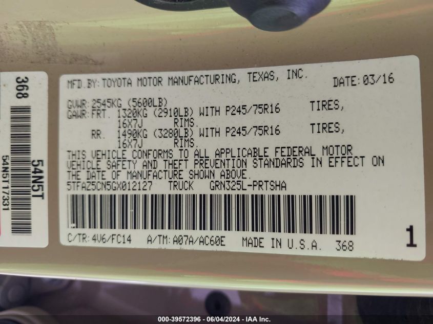 2016 Toyota Tacoma Sr5 V6 VIN: 5TFAZ5CN5GX012127 Lot: 39572396