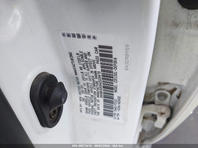 2004 Toyota Corolla S VIN: 1NXBR32E84Z229478 Lot: 39572410