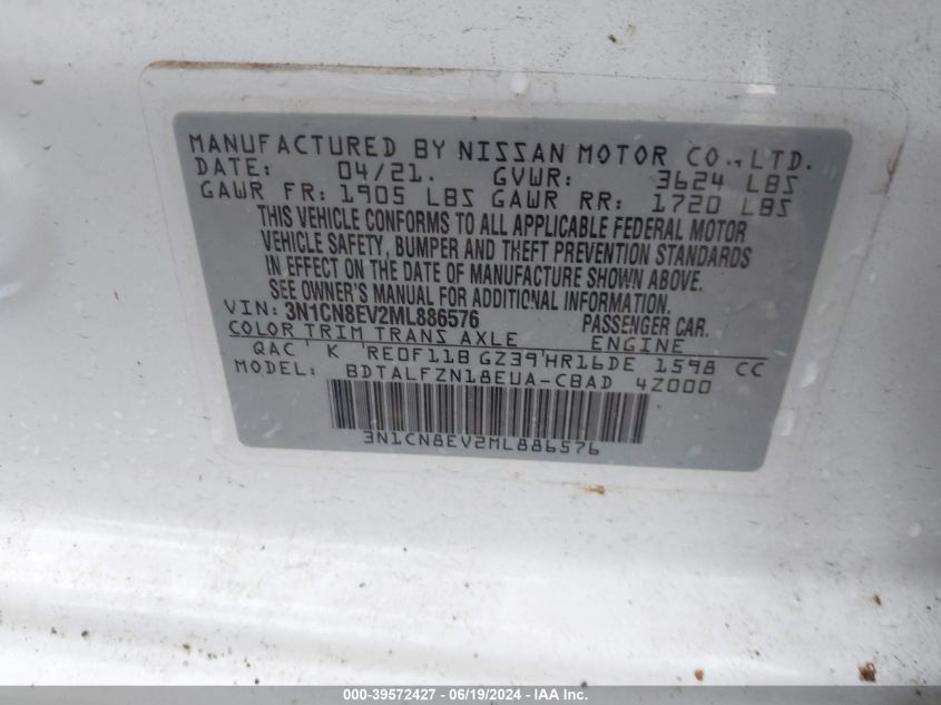 2021 Nissan Versa Sv Xtronic Cvt VIN: 3N1CN8EV2ML886576 Lot: 39572427