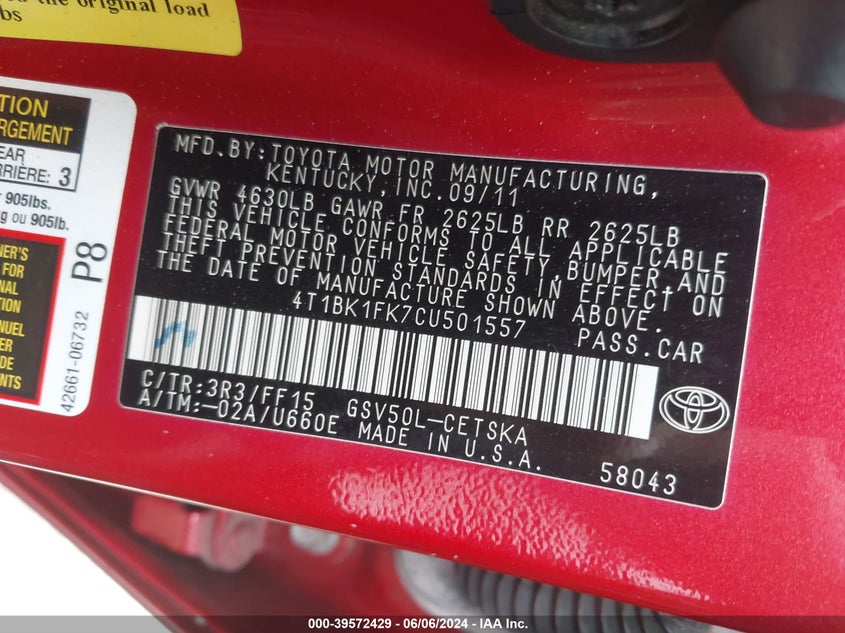 2012 Toyota Camry Se V6 VIN: 4T1BK1FK7CU501557 Lot: 39572429