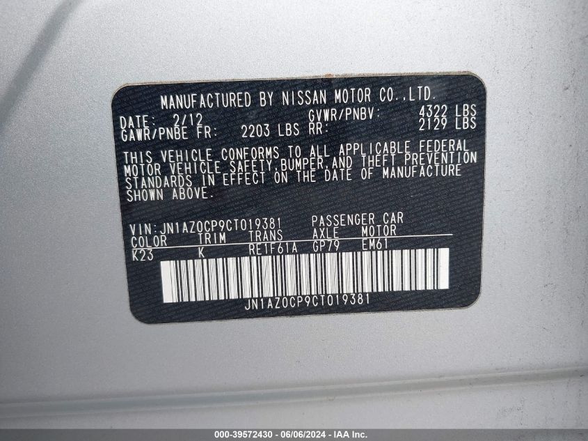 2012 Nissan Leaf Sv VIN: JN1AZ0CP9CT019381 Lot: 39572430