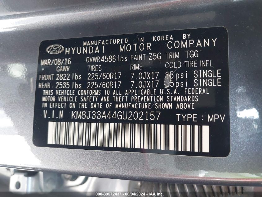 2016 HYUNDAI TUCSON LIMITED/SPORT AND ECO/SE - KM8J33A44GU202157