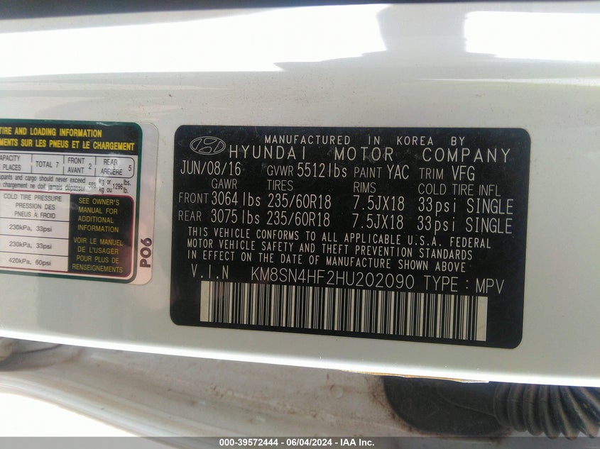 2017 Hyundai Santa Fe Se VIN: KM8SN4HF2HU202090 Lot: 39572444