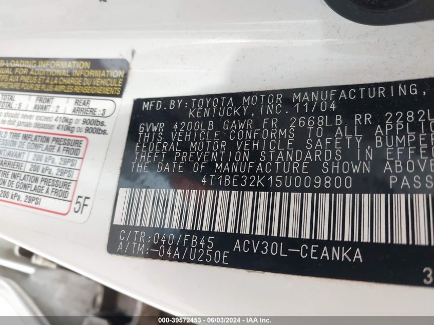 2005 Toyota Camry Le VIN: 4T1BE32K15U009800 Lot: 39572453