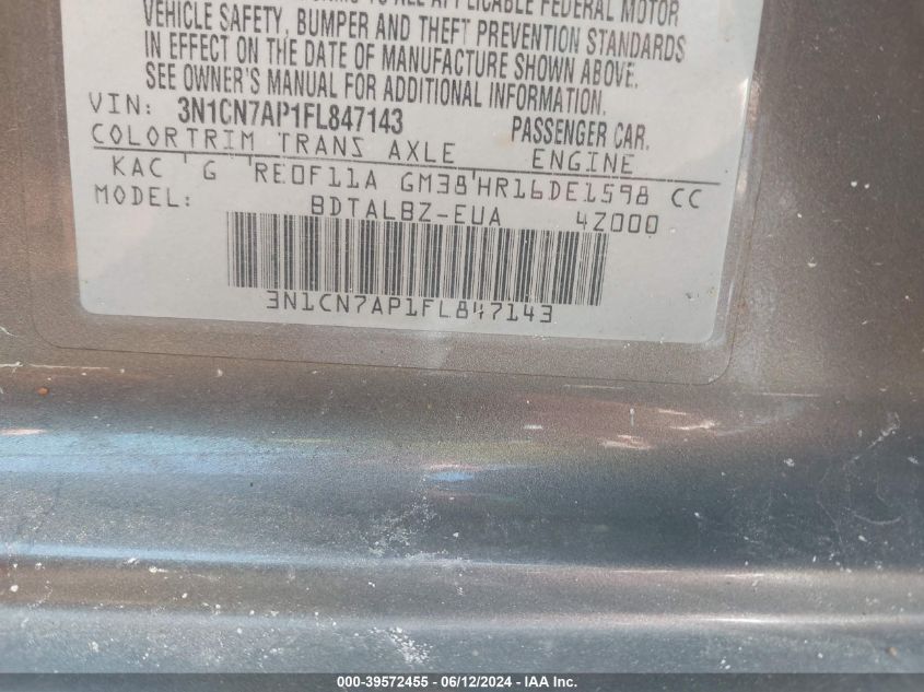 2015 Nissan Versa 1.6 Sv VIN: 3N1CN7AP1FL847143 Lot: 39572455