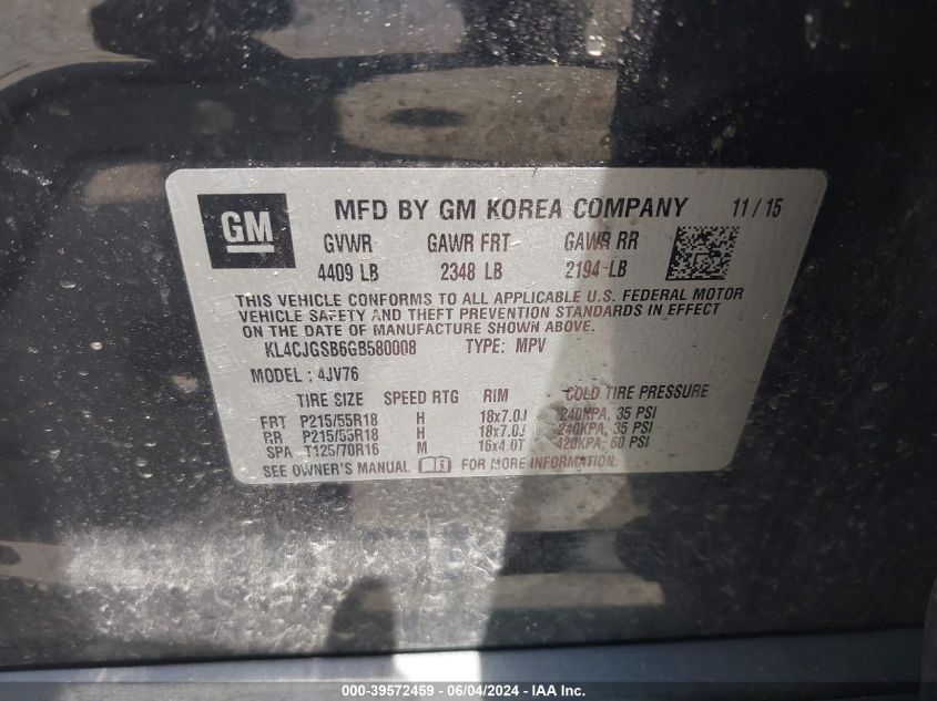 2016 Buick Encore Leather VIN: KL4CJGSB6GB580008 Lot: 39572459