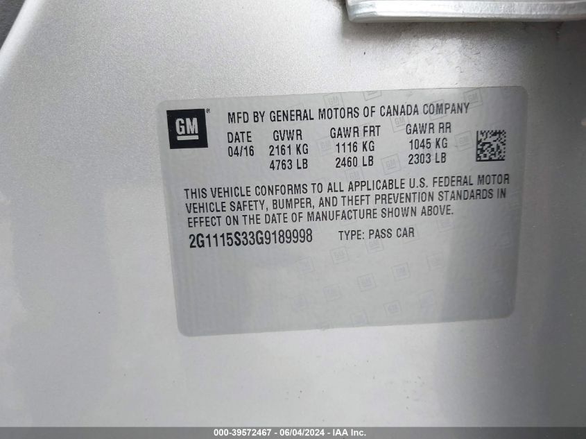 2016 Chevrolet Impala 2Lt VIN: 2G1115S33G9189998 Lot: 39572467