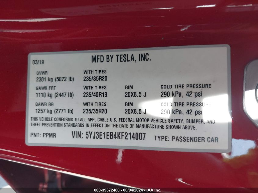 5YJ3E1EB4KF214007 2019 Tesla Model 3 Long Range/Performance