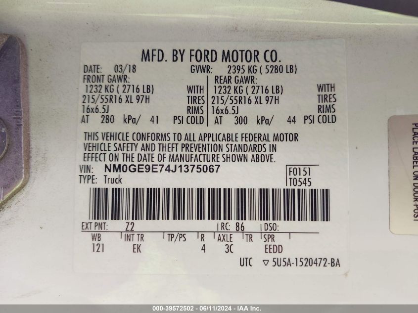 NM0GE9E74J1375067 2018 Ford Transit Connect Xl