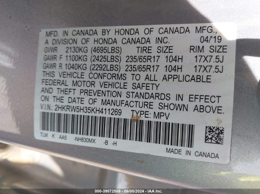2019 Honda Cr-V Lx VIN: 2HKRW5H35KH411269 Lot: 39572508