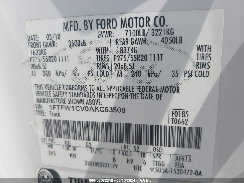 2010 Ford F-150 King Ranch VIN: 1FTFW1CV0AKC53508 Lot: 39572518