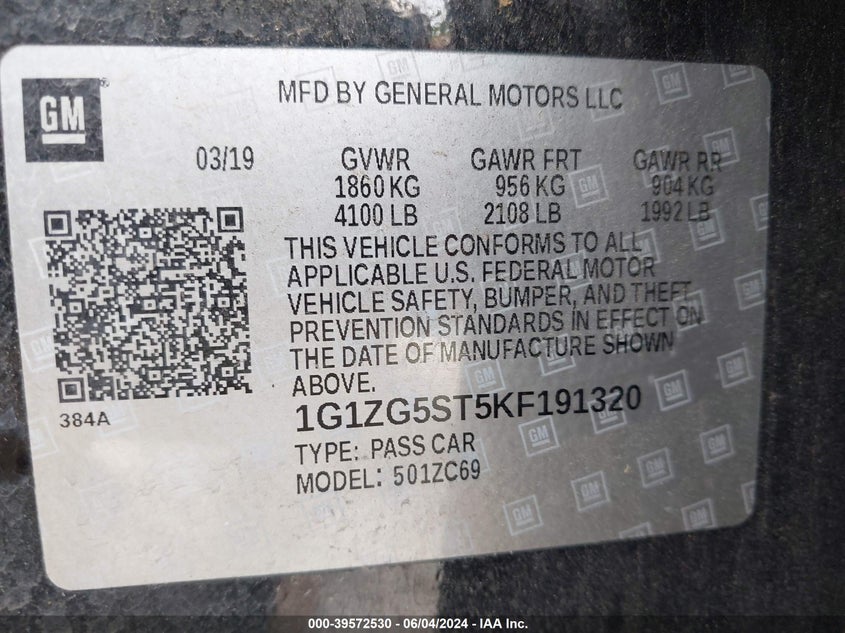 2019 Chevrolet Malibu Rs VIN: 1G1ZG5ST5KF191320 Lot: 39572530