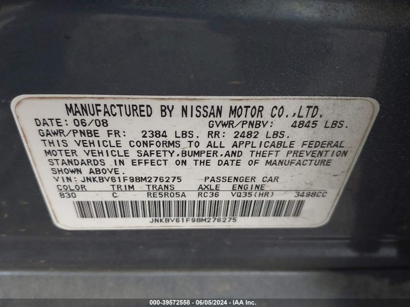 2008 Infiniti G35X VIN: JNKBV61F98M276275 Lot: 39572558