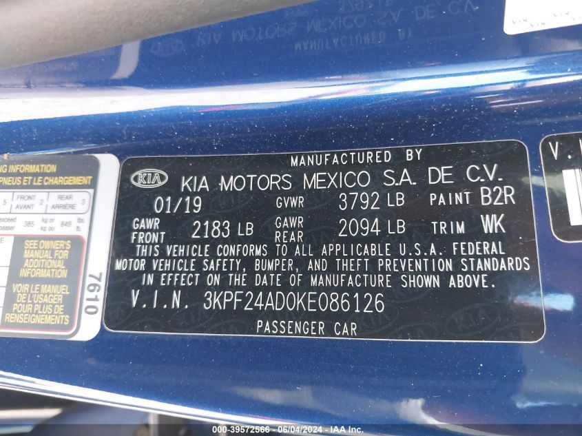 2019 Kia Forte Lxs VIN: 3KPF24AD0KE086126 Lot: 39572566
