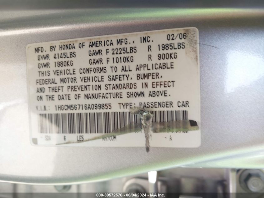 2006 Honda Accord 2.4 Ex VIN: 1HGCM56716A099855 Lot: 39572576
