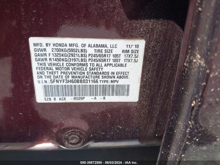 2011 Honda Pilot Ex-L VIN: 5FNYF3H60BB031166 Lot: 39572580