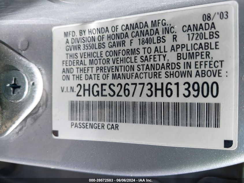 2003 Honda Civic Ex VIN: 2HGES26773H613900 Lot: 39572583