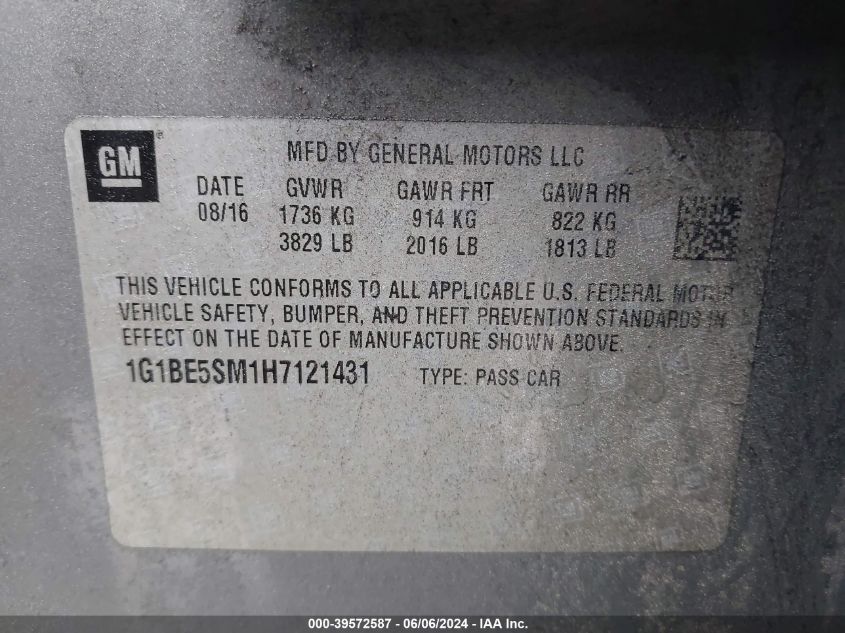 2017 Chevrolet Cruze Lt Auto VIN: 1G1BE5SM1H7121431 Lot: 39572587