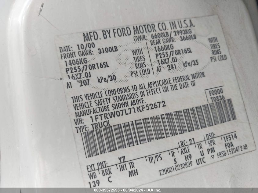 2001 Ford F-150 Harley-Davidson Edition/King Ranch Edition/Lariat/Xlt VIN: 1FTRW07L71KF52672 Lot: 39572595