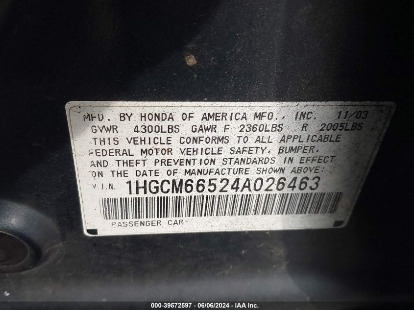 2004 Honda Accord 3.0 Ex VIN: 1HGCM66524A026463 Lot: 39572597