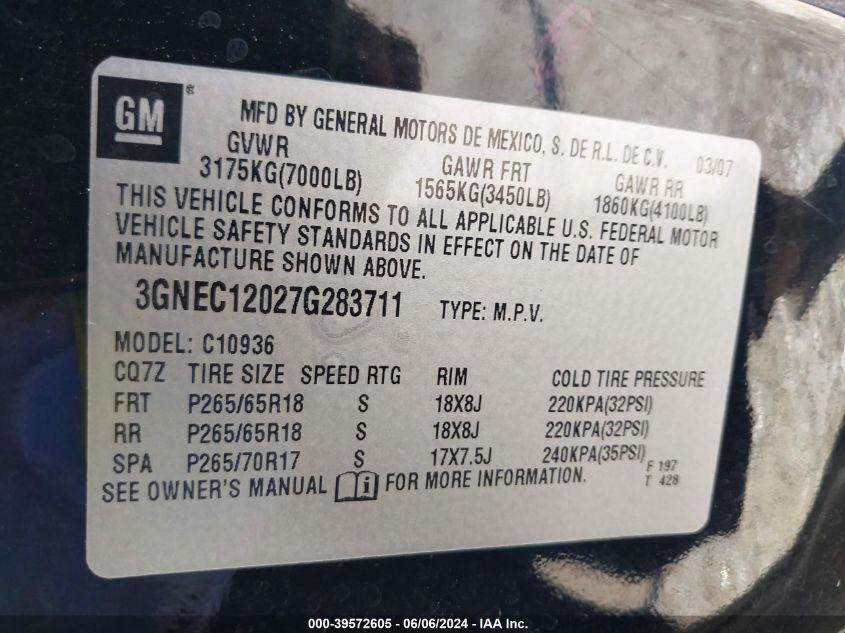 2007 Chevrolet Avalanche 1500 Lt VIN: 3GNEC12027G283711 Lot: 39572605