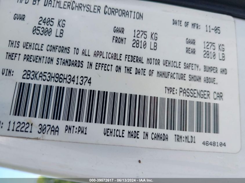 2006 Dodge Charger Rt VIN: 2B3KA53H96H341374 Lot: 39572617