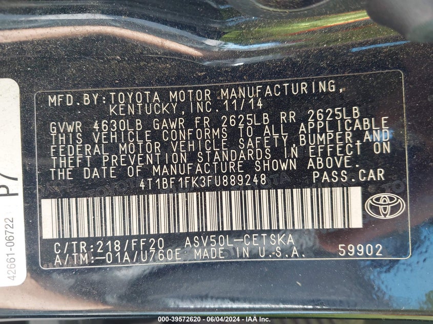 2015 Toyota Camry Se VIN: 4T1BF1FK3FU889248 Lot: 39572620