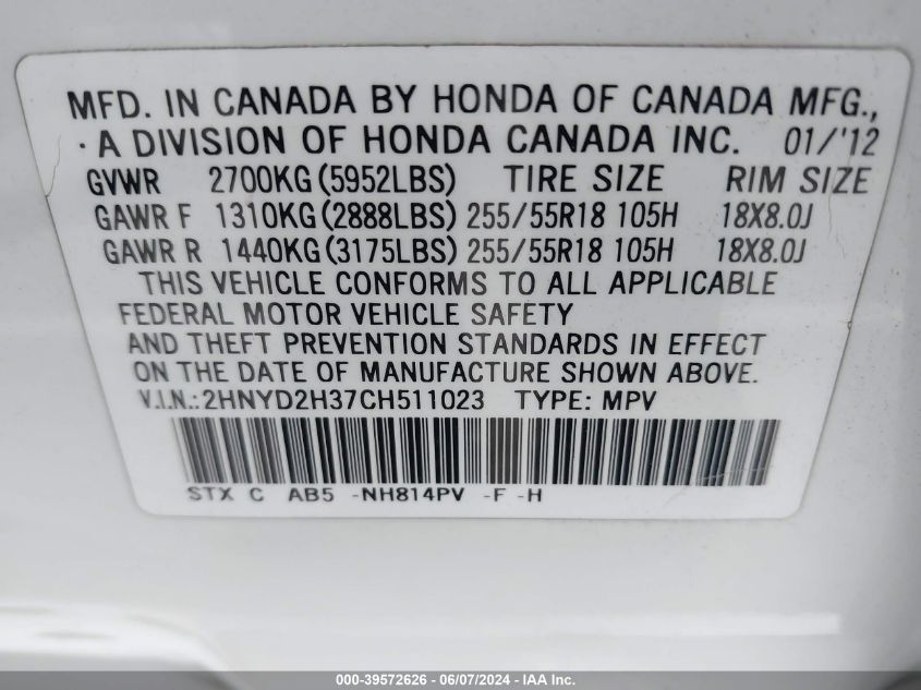 2012 Acura Mdx Technology Package VIN: 2HNYD2H37CH511023 Lot: 39572626