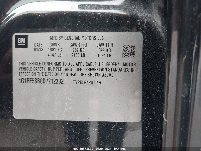 2013 Chevrolet Cruze 2Lt Auto VIN: 1G1PE5SB0D7212382 Lot: 39572632