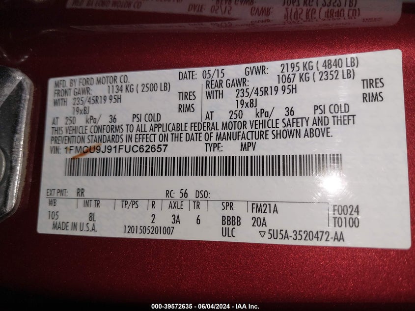 2015 Ford Escape Titanium VIN: 1FMCU9J91FUC62657 Lot: 39572635