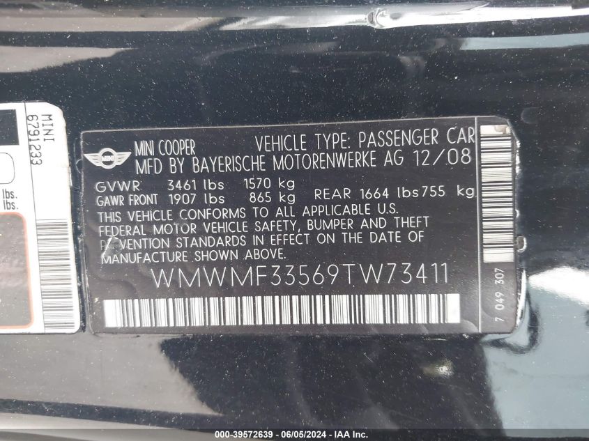 2009 Mini Cooper VIN: WMWMF33569TW73411 Lot: 39572639