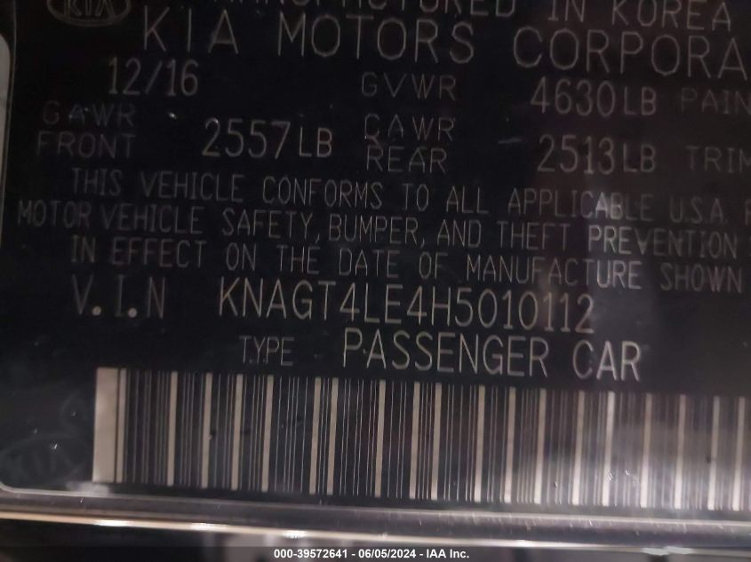 2017 Kia Optima Hybrid VIN: KNAGT4LE4H5010112 Lot: 39572641