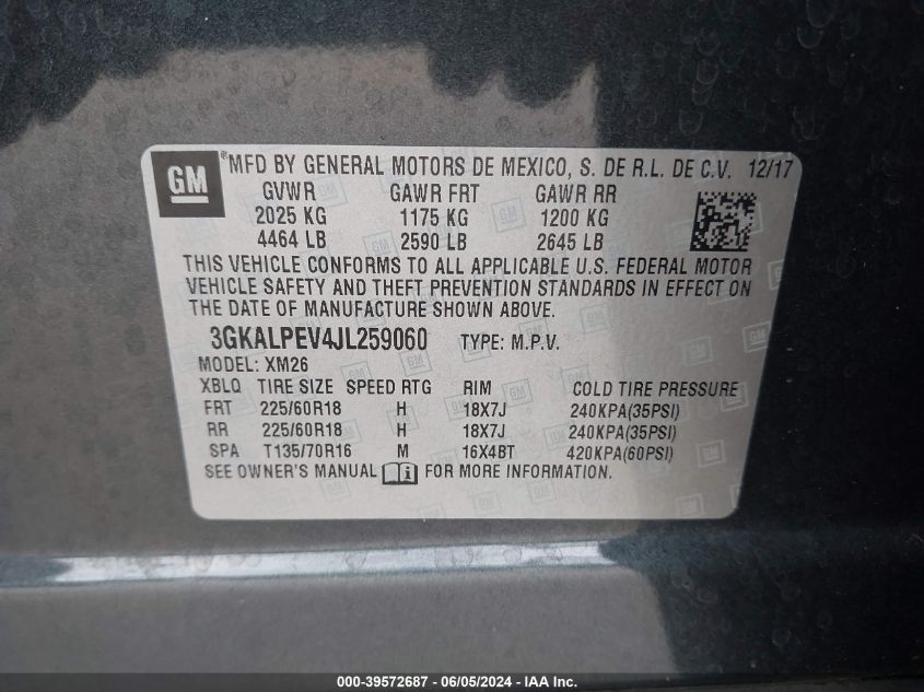 2018 GMC Terrain Slt VIN: 3GKALPEV4JL259060 Lot: 39572687