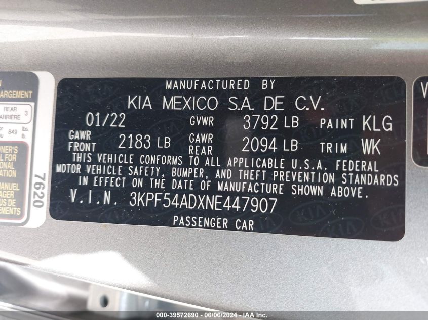 2022 Kia Forte Gt-Line VIN: 3KPF54ADXNE447907 Lot: 39572690