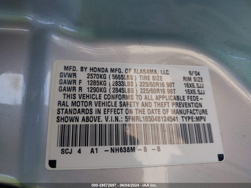 2004 Honda Odyssey Lx VIN: 5FNRL18504B124541 Lot: 39572697