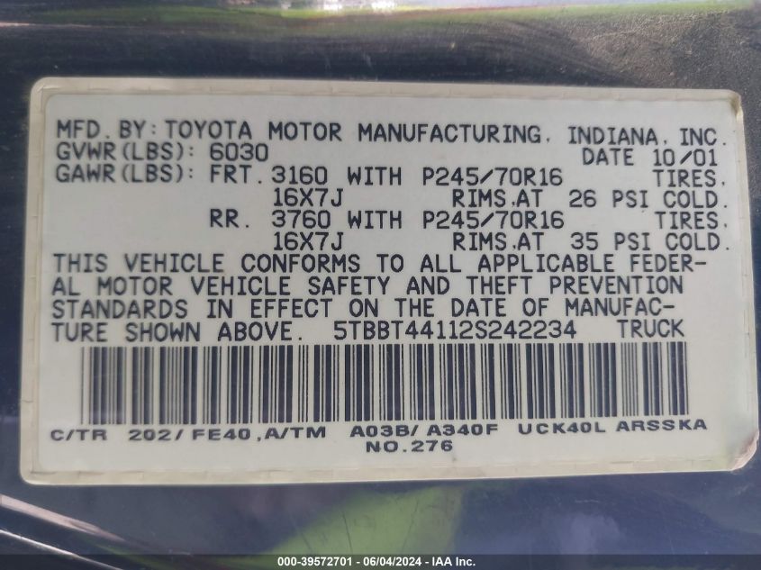 2002 Toyota Tundra Sr5 V8 VIN: 5TBBT44112S242234 Lot: 39572701